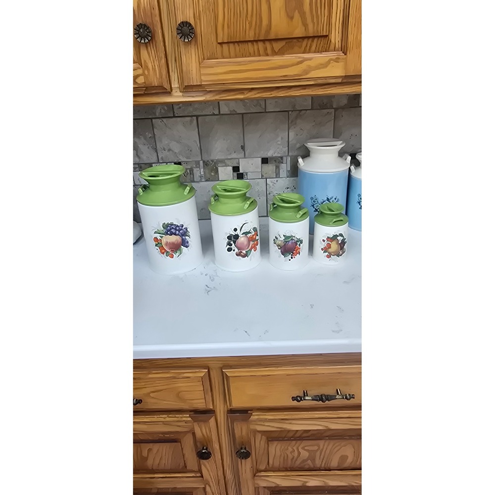 Vintage Ceramic Milk Jug Canister Set 4pc White Green Fruit Farmhouse Kitchen